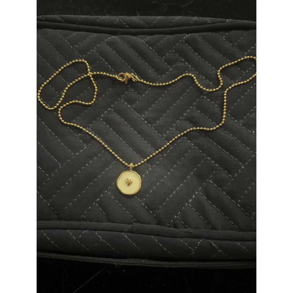 Gold Tone Ball‎ Chain Necklace Cream Round Pendant Heart Detail Minimalist